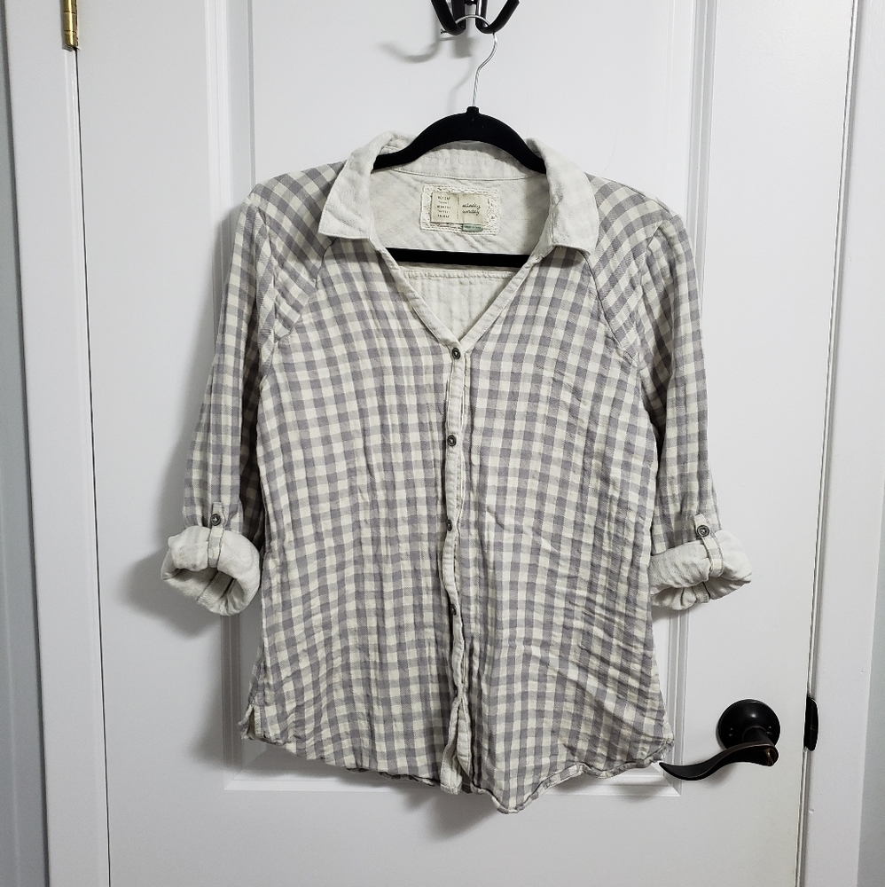 ANTHROPOLOGIE SATURDAY SUNDAY Gray Checkered Button Up Flannel Blouse …
